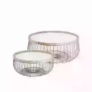 Set of 2 Round Cage Coffee Tables Iron, Wood & Glass